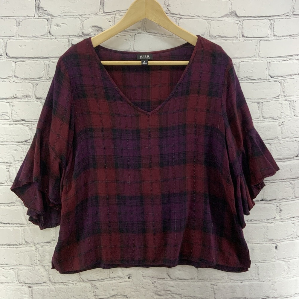 A.N.A. Blouse Womens Sz L Red Plaid Flutter‎ Sleeves